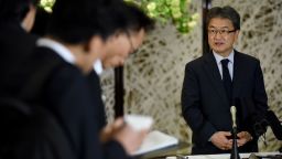 Joseph Yun right, US special representative for North Korea policy, answers questions from reporters following a meeting with Japanese and South Korean chief nuclear negotiators at the Iikura Guesthouse in Tokyo on April 25, 2017.
