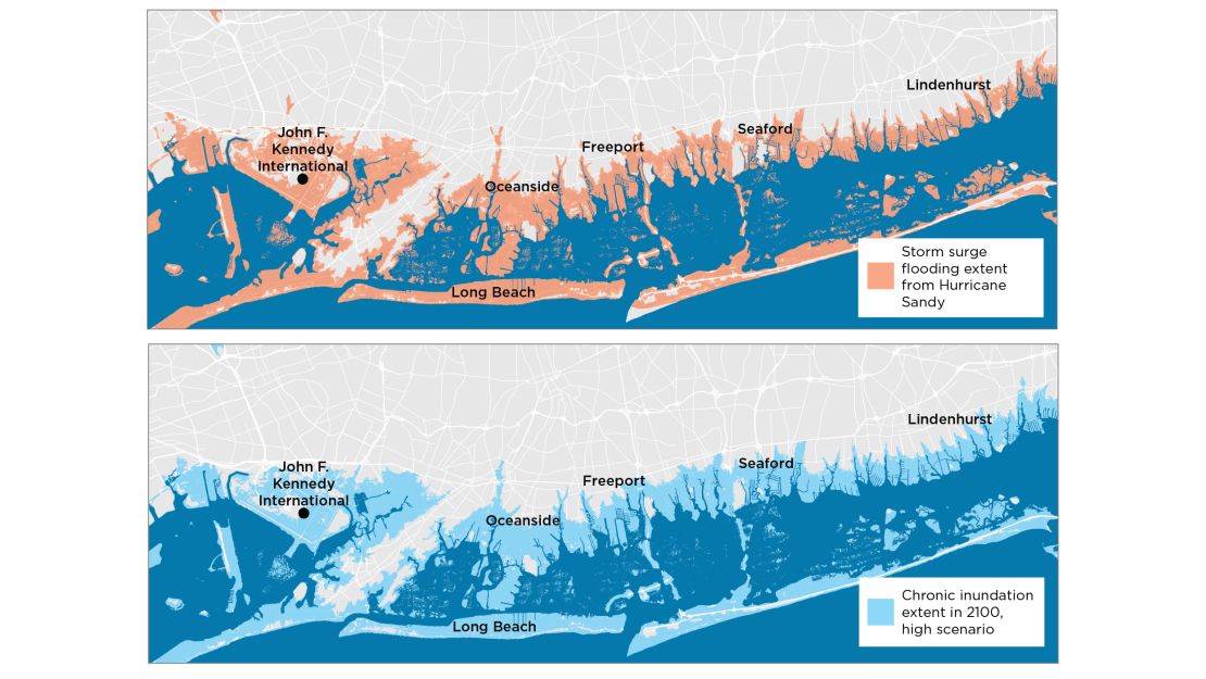 Hurricane Sandy caused widespread flooding and devastation along the southern shore of Long Island, in 2012 (top). By 2100 in the high scenario, a similar flood extent occurs every other week on average (bottom).