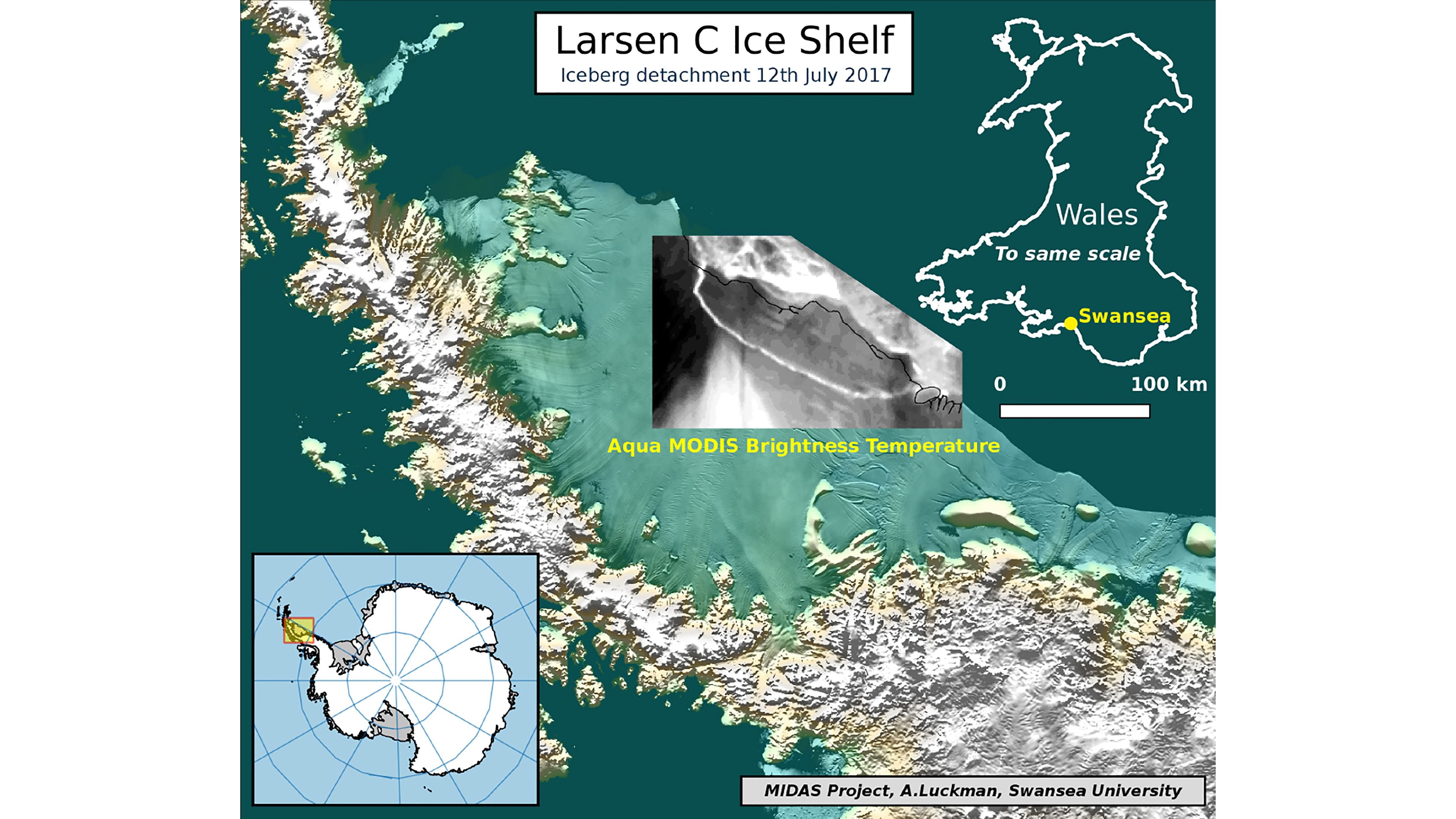 Map showing iceberg detachment based on data from NASA dated July 12.