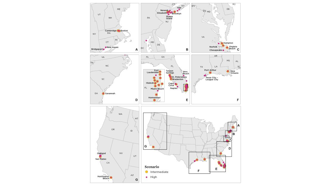 According to the study, the intermediate scenario (yellow), about 30 cities with populations over 100,000 faces chronic inundation by 2100. In the high scenario (pink), that number rises to more than 50 and includes Boston, Miami, Oakland, and four of the five boroughs of New York City.