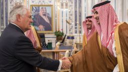 A handout picture provided by the Saudi Press Agency (SPA) on July 12, 2017, shows US Secretary of State Rex Tillerson (L) greeting Saudi officials ahead of his meeting with the King Salman in Jeddah. / AFP PHOTO / SPA / STRINGER / === RESTRICTED TO EDITORIAL USE - MANDATORY CREDIT "AFP PHOTO / HO / SPA" - NO MARKETING NO ADVERTISING CAMPAIGNS - DISTRIBUTED AS A SERVICE TO CLIENTS ===STRINGER/AFP/Getty Images
