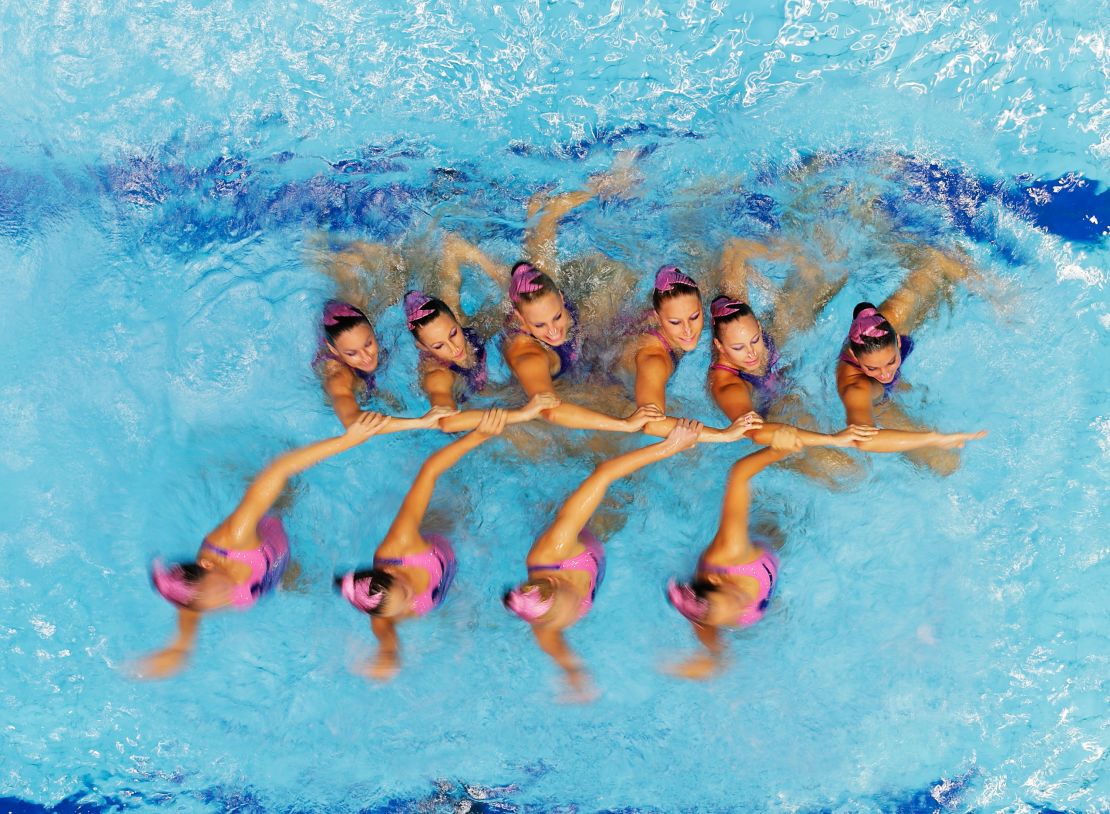 Hungary perform during the Women's Free Combination Synchronised Swimming final at Berlin's Europa-Sportpark in August 2014.