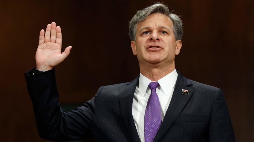 FBI Director nominee Christopher Wray is sworn-on on Capitol Hill in Washington, Wednesday, July 12, 2017, prior to testifying at his confirmation hearing before the Senate Judiciary Committee. (AP Photo/Pablo Martinez Monsivais)
