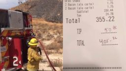 A Colton firefighter prepares his hose, and the Denny's receipt left behind. 