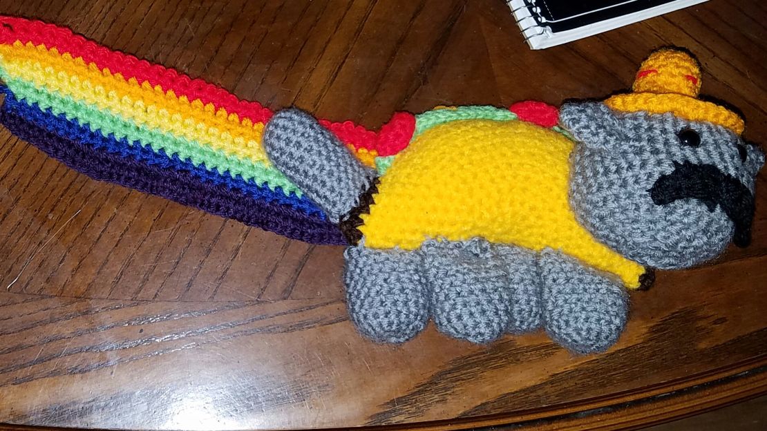 A Nyan cat with a taco body and sombrero crocheted by Trudy Serres.
