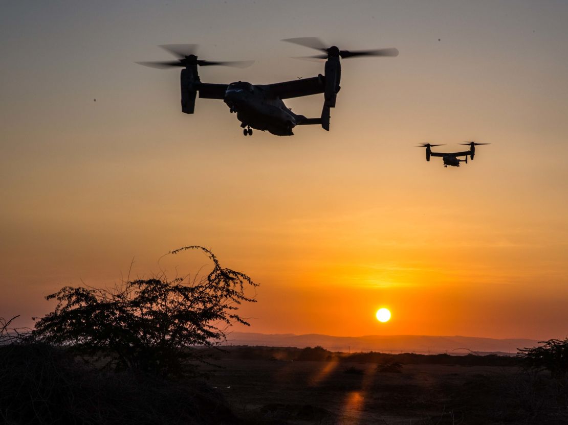 US Marine Corps MV-22 Ospreys prepare to land at a landing zone during training conducted in Djibouti on January 10.