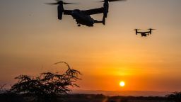 DJIBOUTI, Africa (January 10, 2017) MV-22 Ospreys prepare to land at a landing zone during a helo-borne raid as part of sustainment training conducted in Djibouti, Jan. 10. Ospreys have the ability to transport Marines and Sailors quickly to the battlefield due to its ability to tilt its rotors horizontally and fly like an airplane. The Ospreys and crew are with Marine Medium Tiltrotor Squadron 163 (Reinforced), 11th Marine Expeditionary Unit. (U.S. Marine Corps photo by Lance Cpl. Brandon Maldonado)