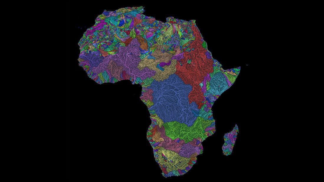 <strong>Map of Africa: </strong>"It's all 100% scientific, based on satellite data and digital elevation models," Szucs says. He tinkers the width and color of every line like this Africa map. 