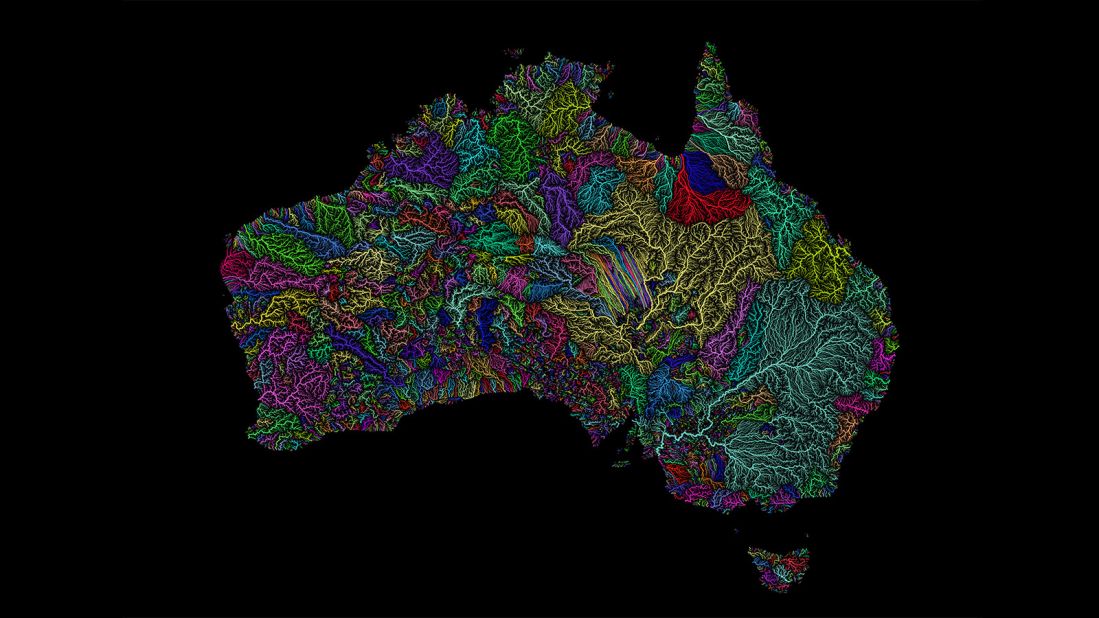<strong>Map of Australia: </strong>Some of the maps have thousands of river basins and more than a million lines. It takes days or weeks for Szucs to finish a map.