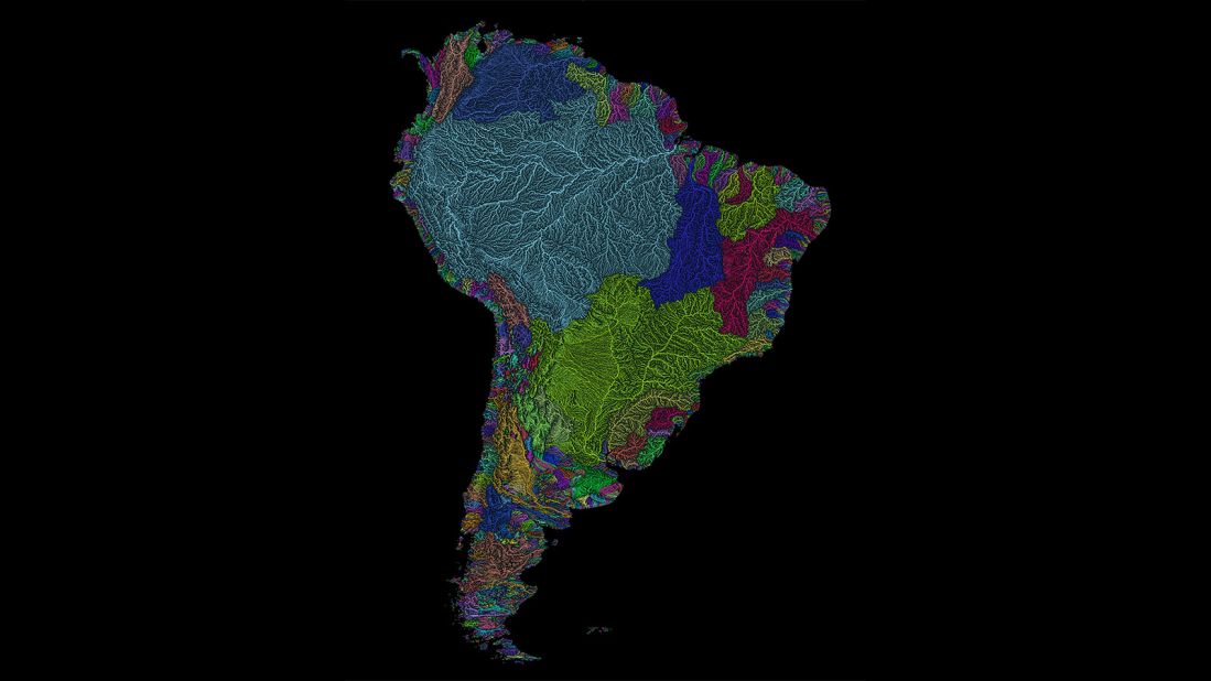 <strong>Map of South America: </strong>Why rivers? "Because they are amazing," Szucs tells CNN. "I mean, look at my US river map -- I created the design, the colors, the width of the lines. But I did not draw any of the lines." 