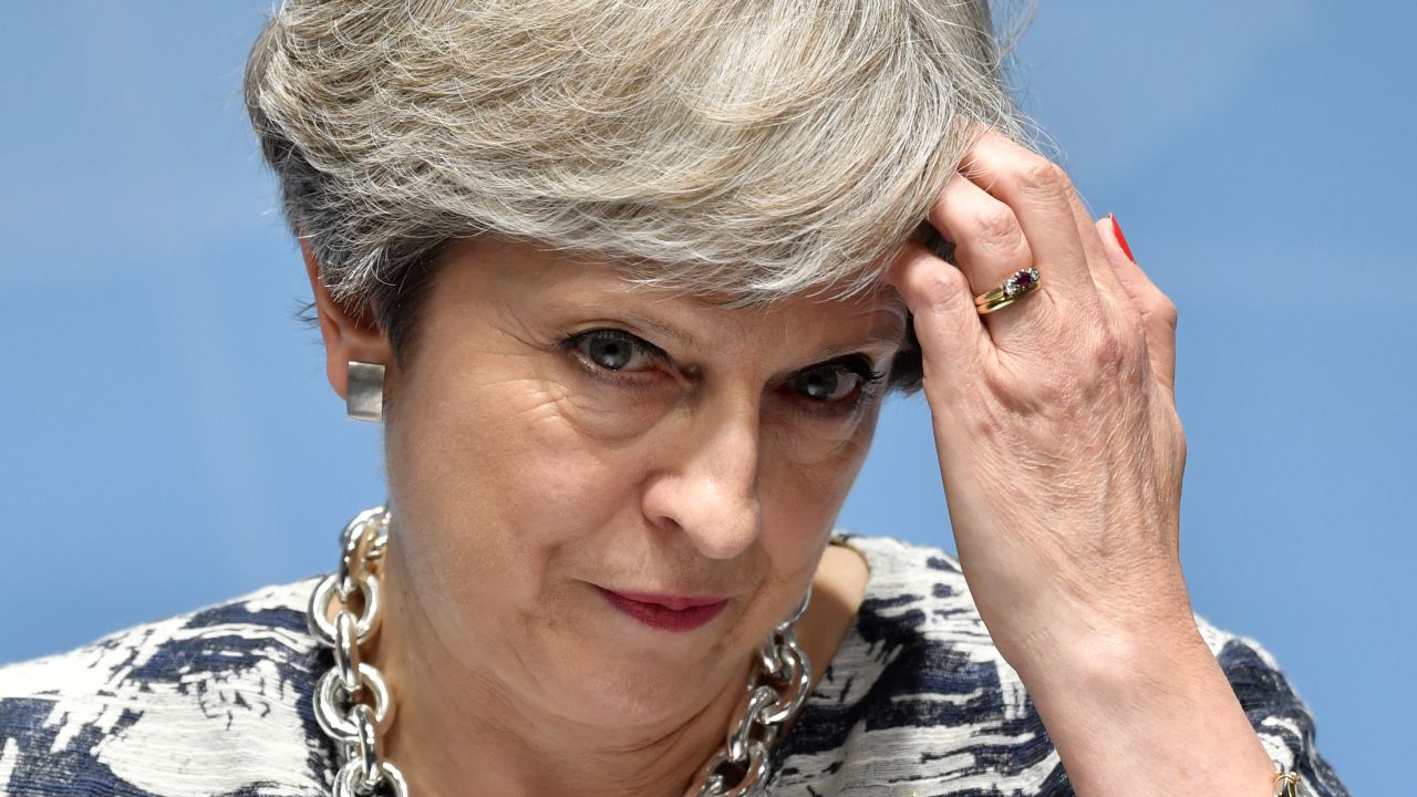 Britain's Prime Minister Theresa May attends a press conference after the G20 Summit in Hamburg, Germany, July 8, 2017. / AFP PHOTO / John MACDOUGALL        (Photo credit should read JOHN MACDOUGALL/AFP/Getty Images)