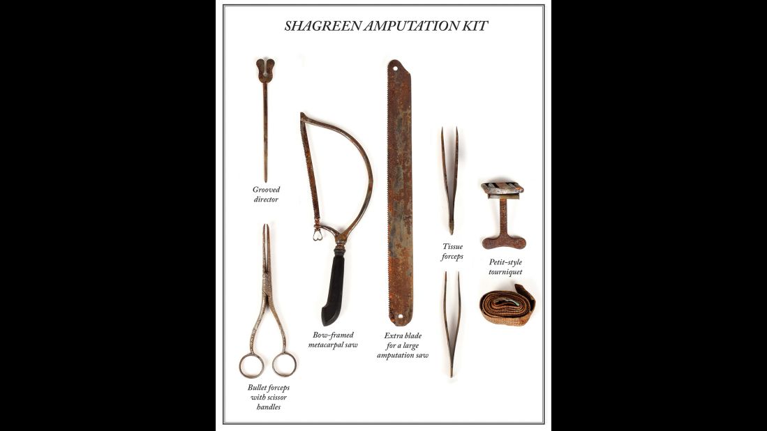 Tools in Warren's Revolutionary War-era amputation kit were recently auctioned for $104,000. These were commonly used to remove limbs that had been devastated by injury or infection. 