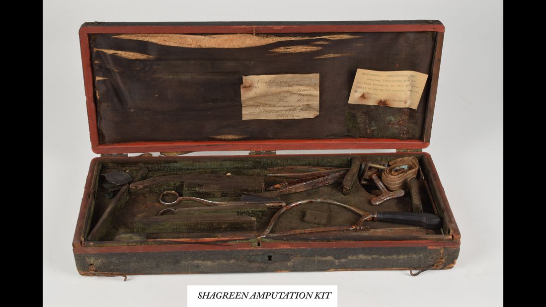 One of Warren's kits was bound in shark or ray skin and contained tools such as a pair of small bullet forceps and a blade for an amputation saw.