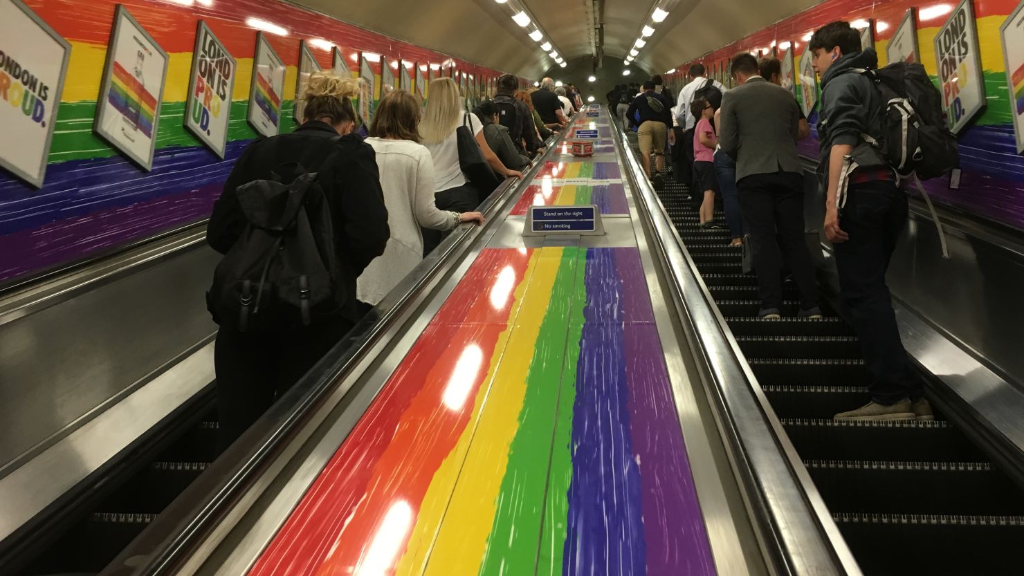Parts of the London Underground have been decorated with the rainbow flag in support of London Pride and its committment to gender neutrality. 