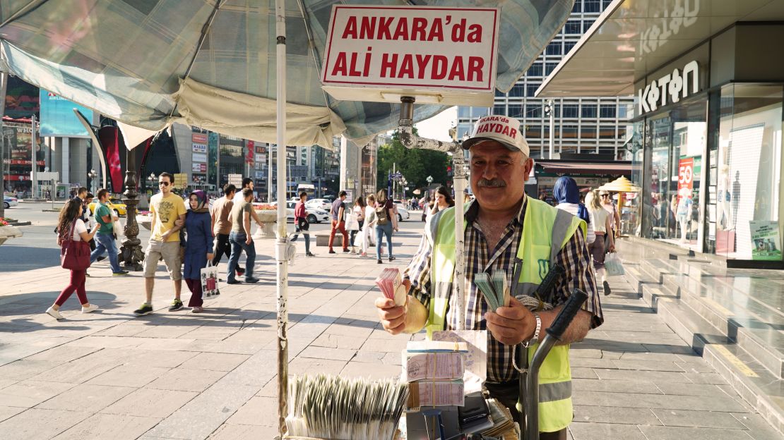 Mahmut Sahin sells lottery tickets in Kizilay square. 