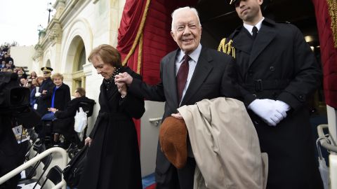 Carter and former First Lady Rosalynn Carter arrive for the Presidential Inauguration of Donald Trump at the Capitol in Washington in January 2017.