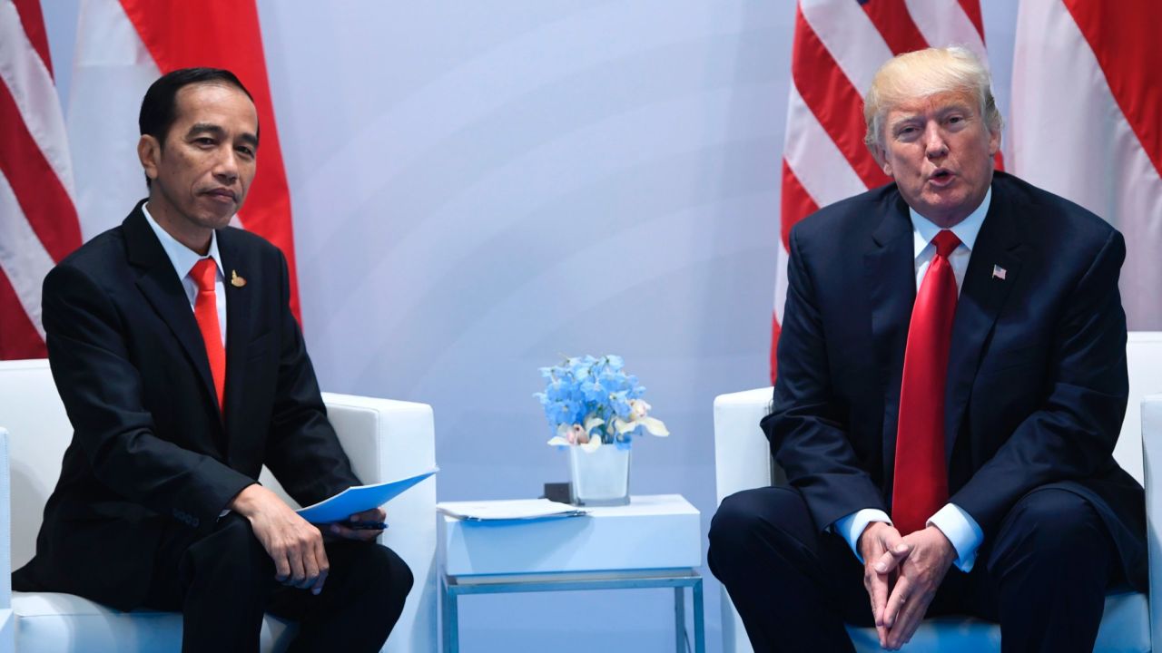US President Donald Trump (R) and Indonesia's President Joko Widodo hold a meeting on the sidelines of the G20 Summit in Hamburg, Germany, July 8.