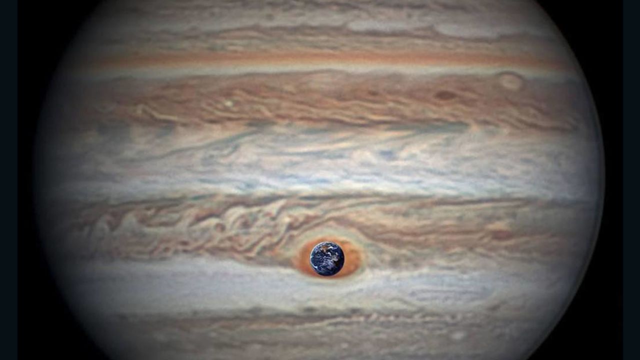 NASA configured this comparison of its own image of Earth with an image of Jupiter taken by astronomer Christopher Go. 