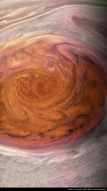 Jupiter's Great Red Spot is a storm with a 10,000-mile-wide cluster of clouds in July 2017.