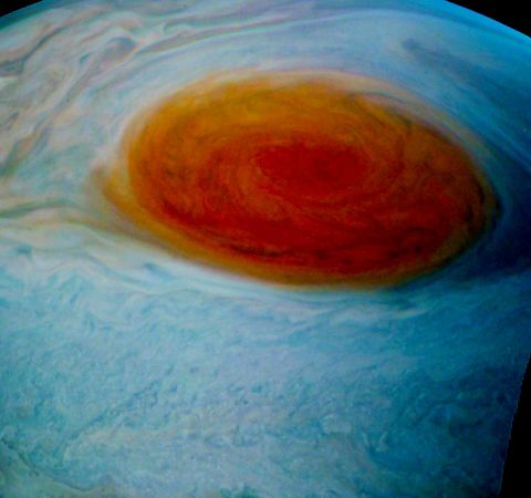 Color enhancements offer a detailed look into the Great Red Spot.