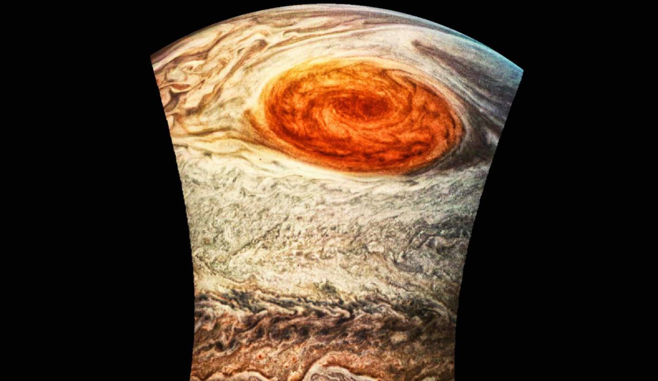 Algorithmic-based scaling and coloring reveal a vivid look at the Great Red Spot in July 2017.