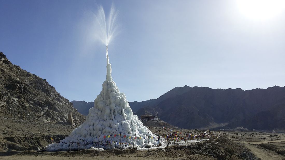 An ice stupa in the Ladakh region of India. This 'artificial glacier' is created using only a pipe and water pressure and can help farmers fight the effects of climate change in the region.