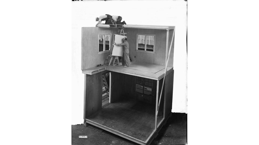 This full-scale house was built at the 1937 Madison Home Show to demonstrate the American Forest Product Laboratory's plywood prefabrication system. 