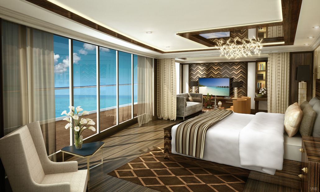<strong>World's largest cruise suite, Regent Seven Seas:</strong> Crystal chandeliers, Versace crockery, Murano glass ceilings and a $150,000 Savoir No. 1 bed are some of the opulent features in the suite.