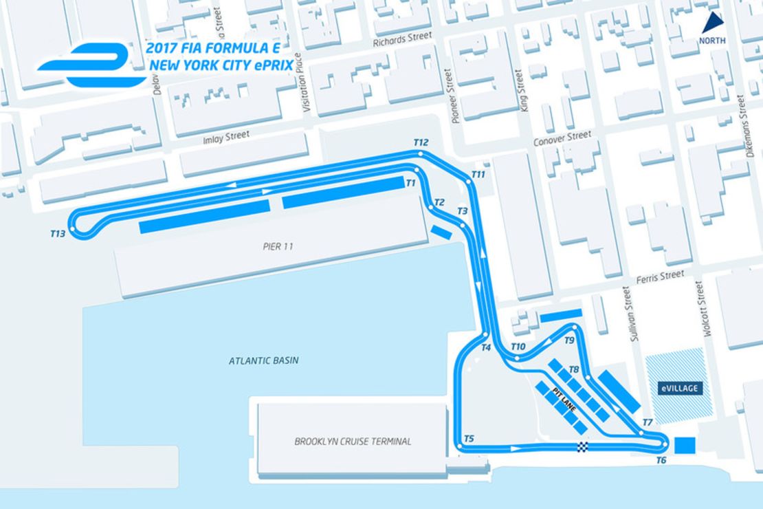 The layout of the track for the New York ePrix in Red Hook, Brooklyn.
