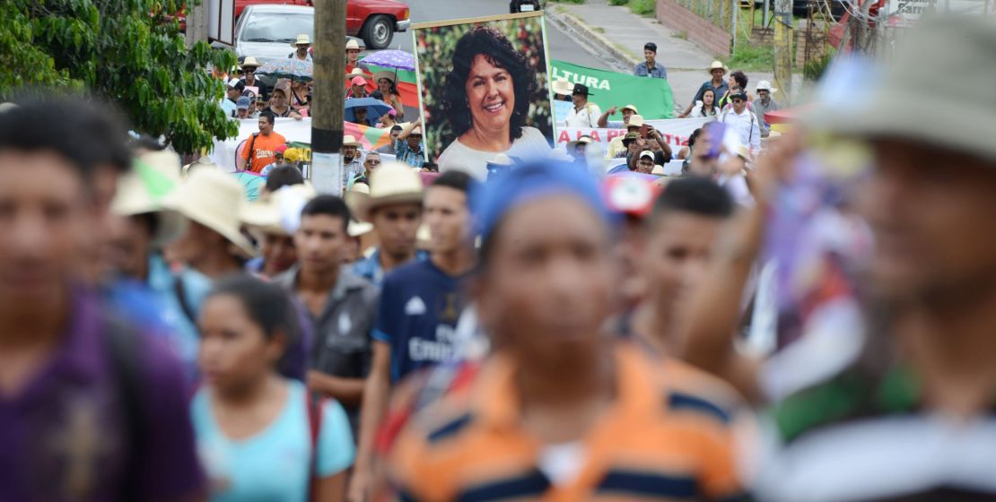 Hundreds of Hondurans protest the killing of Cáceres at a march in Tegucigalpa in August 2017.