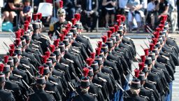 Members of the 1st and 2nd Infantry Regiments of the Republican Guard (1er et 2e Regiments d'Infanterie de la Garde Repblicaine) prepare for the start of the annual Bastille Day military parade on the Champs-Elysees avenue in Paris on July 14, 2017.
The parade on Paris's Champs-Elysees will commemorate the centenary of the US entering WWI and will feature horses, helicopters, planes and troops. / AFP PHOTO / joel SAGET        (Photo credit should read JOEL SAGET/AFP/Getty Images)