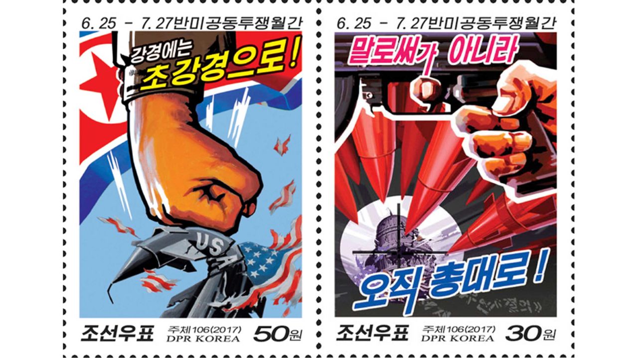 To mark the anniversary of the Korean War, North Korea has release two anti-American stamps. 