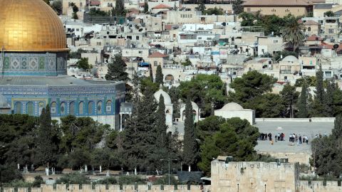 Israeli police check the scene of Friday's attack in Jerusalem. The Dome of the Rock is on the left.