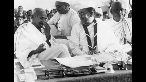 Leading members of the Indian National Congress: Gandhi (left), prominent nationalist leader Netaji Subhas Chandra Bose (center right) and independent India's first Deputy Prime Minister Vallabhai Patel (right) during a meeting on March 2, 1938 in Haripura, India.<br /><br />Founded in 1885, the Indian National Congress is a political party that campaigned for the country's independence from Britain.