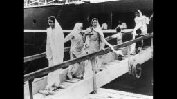 9th October 1947:  Hindu and Sikh women and children arriving at Bombay on the British-India liner dOwarkaf after their flight from Pakistan.  (Photo by Keystone/Getty Images)