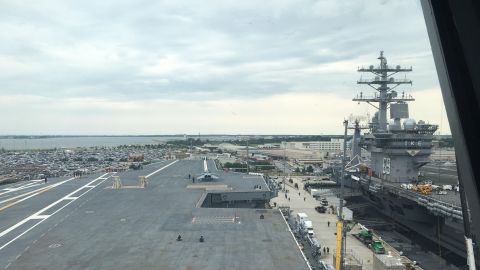  The USS Gerald Ford's flight deck view from the carrier's from the bridge.  