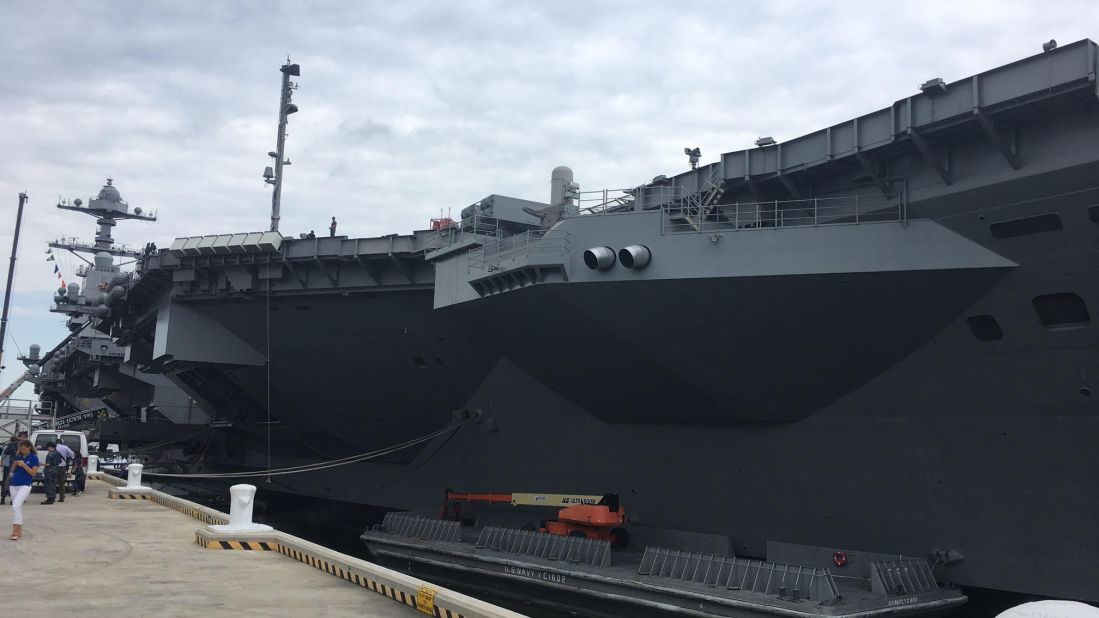 The 1,100-foot USS Gerald Ford docked in Norfolk , Va ahead of its commissioning ceremony.