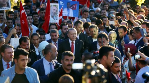 Turkey's President Recep Tayyip Erdogan, center, in Istanbul to commemorate the anniversary of the coup.