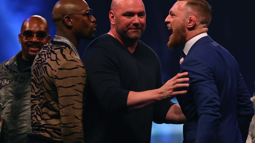 LONDON, ENGLAND - JULY 14:  Dana White splits Floyd Mayweather Jr. and Conor McGregor apart during the Floyd Mayweather Jr. v Conor McGregor World Press Tour at SSE Arena on July 14, 2017 in London, England.  (Photo by Matthew Lewis/Getty Images)