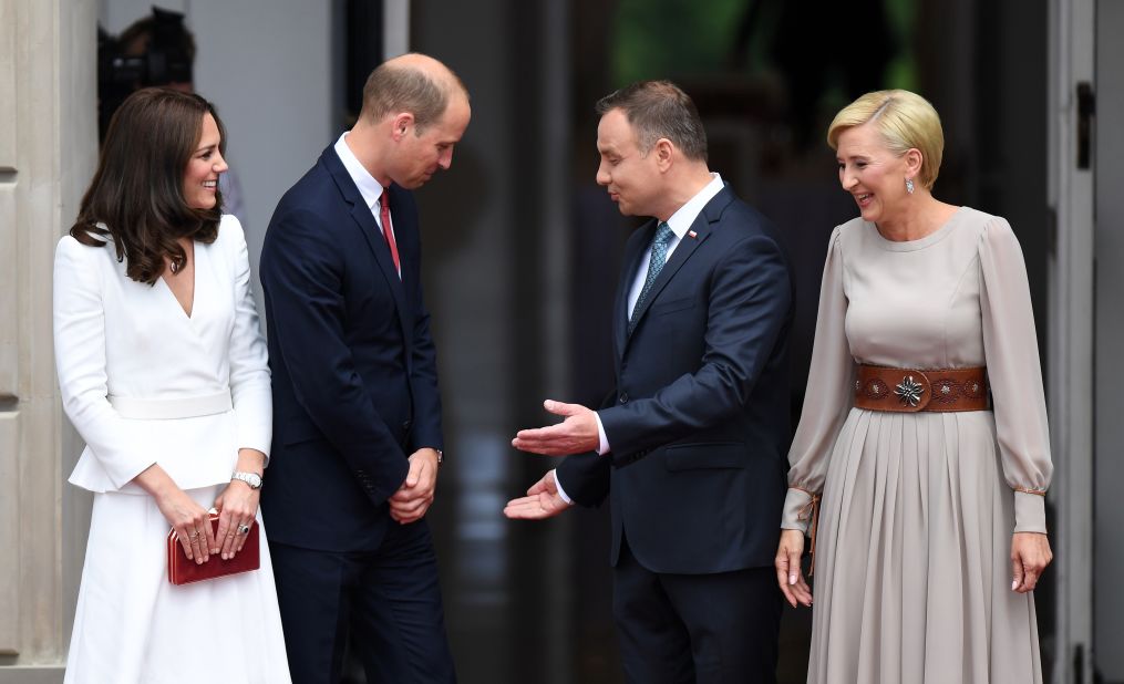 Duda and his wife greet the Duke and Duchess of Cambridge at the Presidential Palace in Warsaw on the first day of the royal visit to Poland.