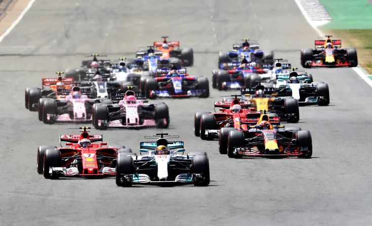 Lewis Hamilton (car No. 44) leads the way at the start of the 2017 British Grand Prix at Silverstone. To date, the famous track has hosted 51 F1 races.   