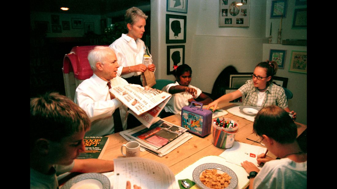 McCain spends time with his wife and children at their home in Phoenix in 1999. John and Cindy McCain have two daughters, Meghan and Bridget, and two sons, Jack and Jimmy. He also has three children from a previous marriage: Andrew, Douglas and Sidney.