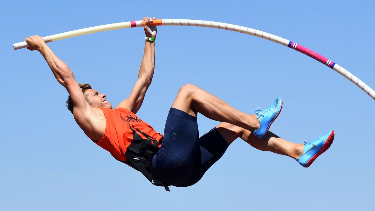 French athlete Kevin Mayer competes in the pole vault at the Athletics French Championships Elite in Marseille on Saturday, July 15.