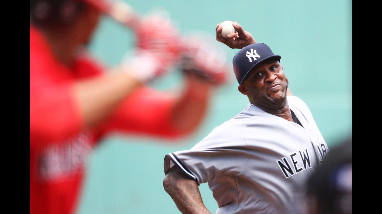 CC Sabathia of the New York Yankees pitches during the first inning of a game against the Boston Red Sox at Fenway Park in Boston on Sunday, July 16.