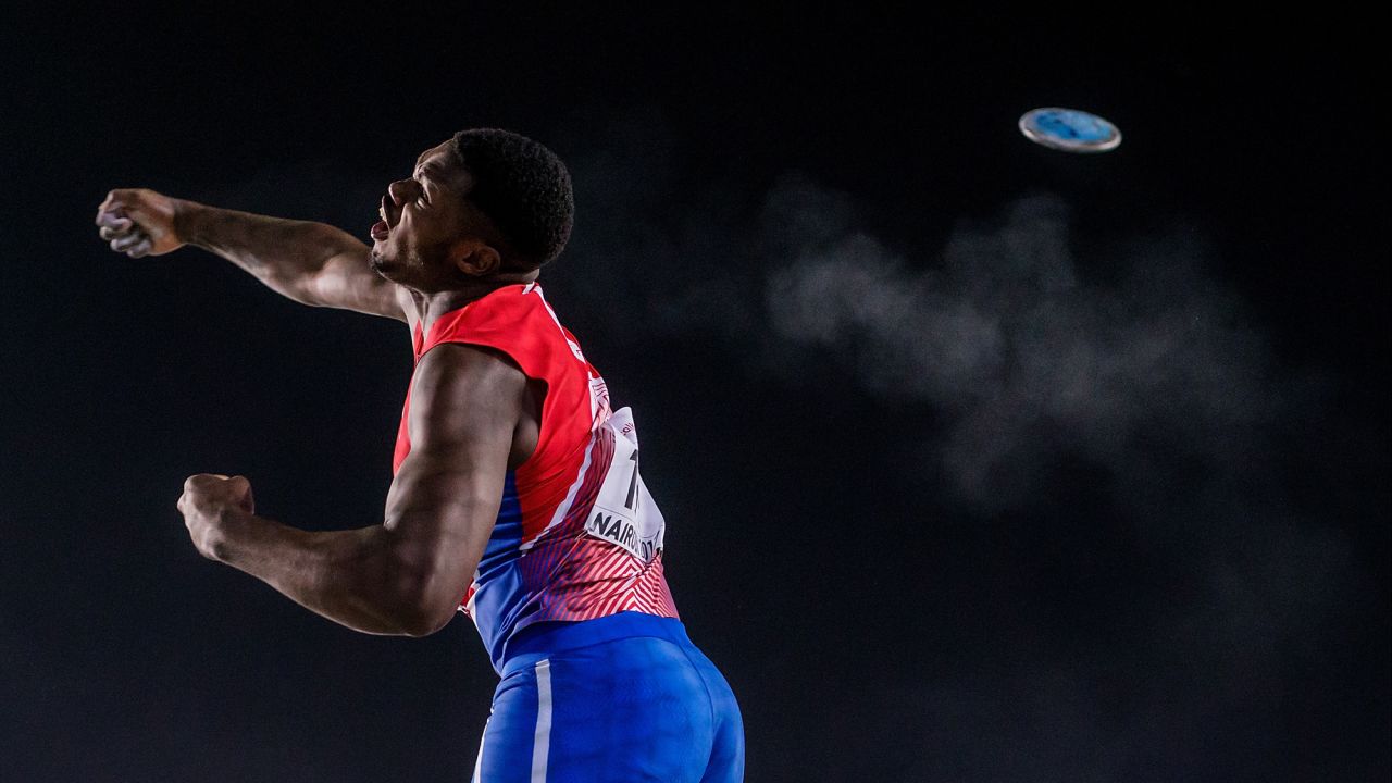 Anyel E. Alvarez of Cuba competes in the boys discus throw final during the IAAF U18 World Championships on Saturday, July 15, in Nairobi, Kenya.