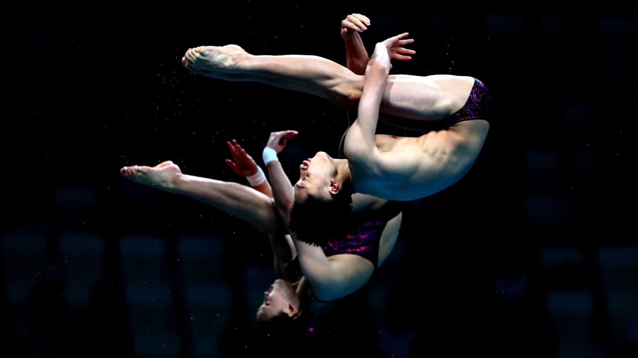 Qian Ren and Junjie Lian of China compete during the Mixed Diving 10m Synchro Platform Final at the Budapest 2017 FINA World Championships on Saturday, July 15.