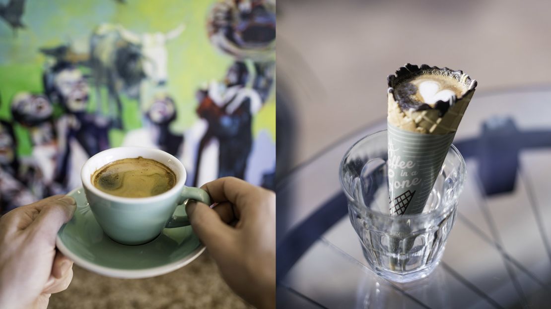 This coffee shop inside a bike shop serves espesso in an ice cream cone.