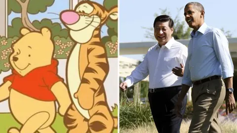 Left half of the image is Winnie the Pooh walking beside Tigger, right half is Xi Jinping and Barack Obama walking side by side.