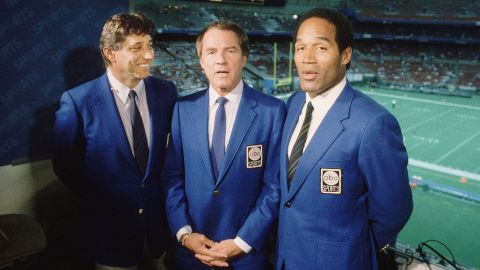 Simpson becomes a commentator on ABC's "Monday Night Football" in the mid-'80s. He appears with Joe Namath, left, and Frank Gifford.