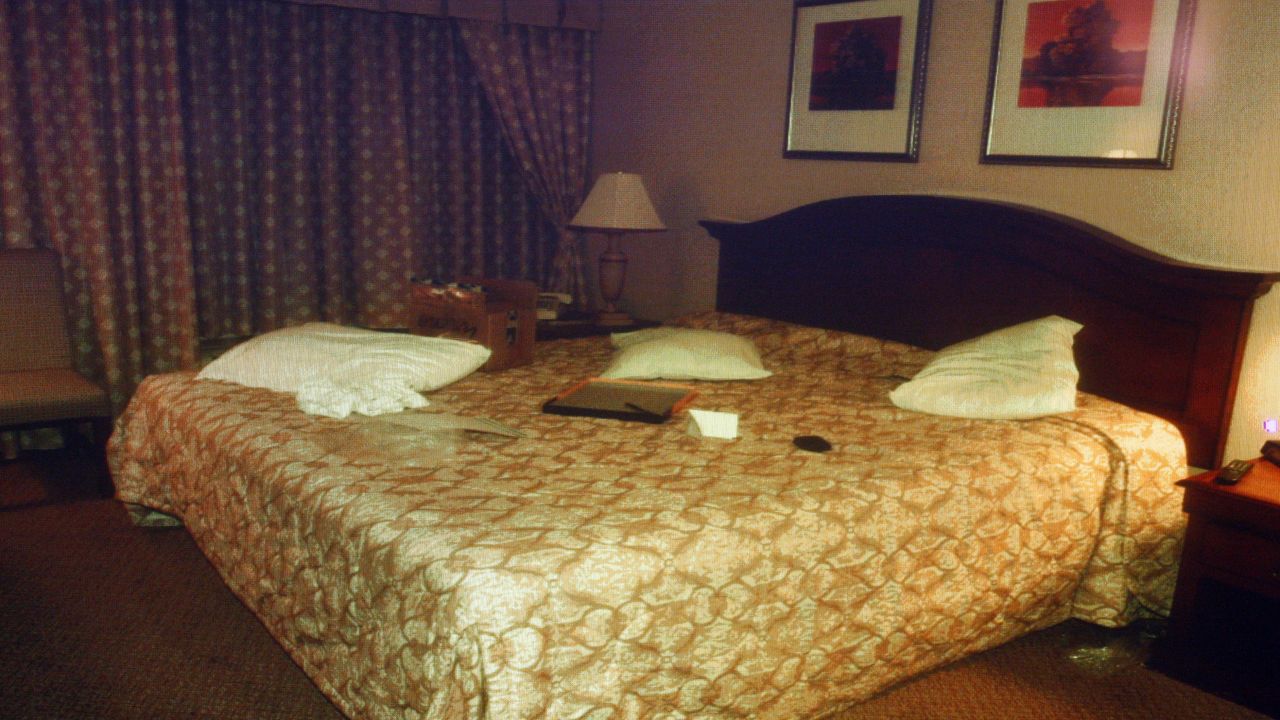 The Palace Station hotel room, the scene of Simpson's reported confrontation with sports memorabilia dealers, is displayed on a monitor during Simpson's trial in September 2008.